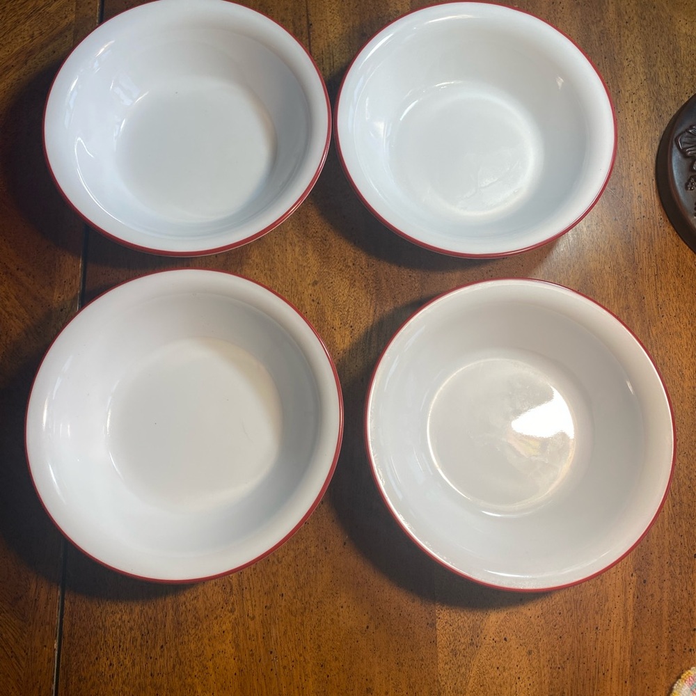 4 Corelle Kyoto White Bowls with Red Trim